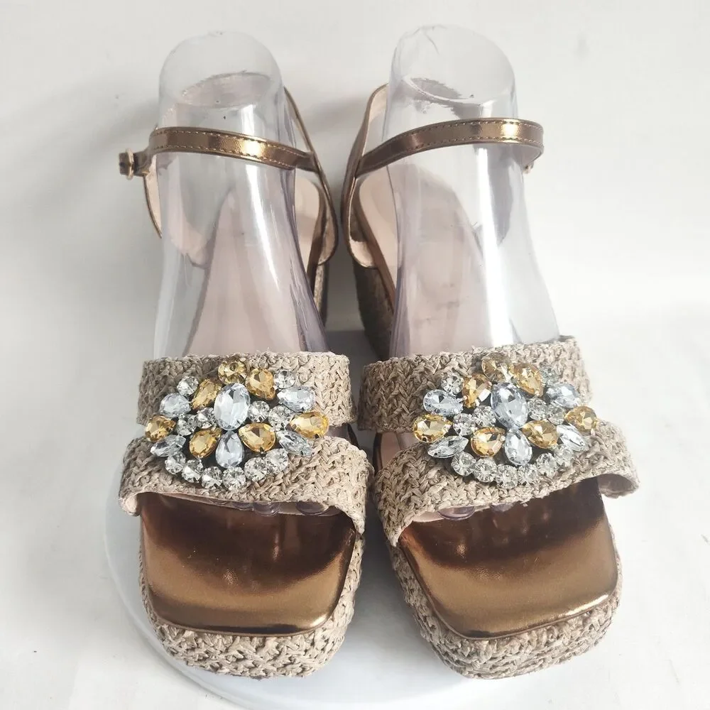 Azura European‎ Espadrille Platform Wedges Gold Rhinestones Sandals 9.5 - 10 /41
